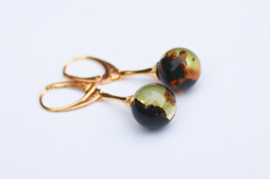 Baltic Amber Green Earrings Ball Gold Plated 1.67" 4 gram 925 Silver