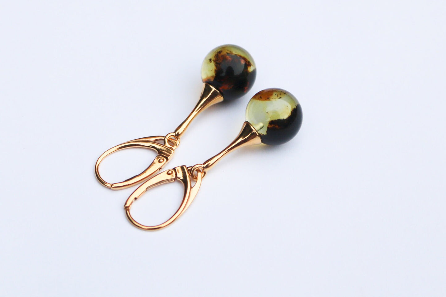 Baltic Amber Green Earrings Ball Gold Plated 1.67" 4 gram 925 Silver