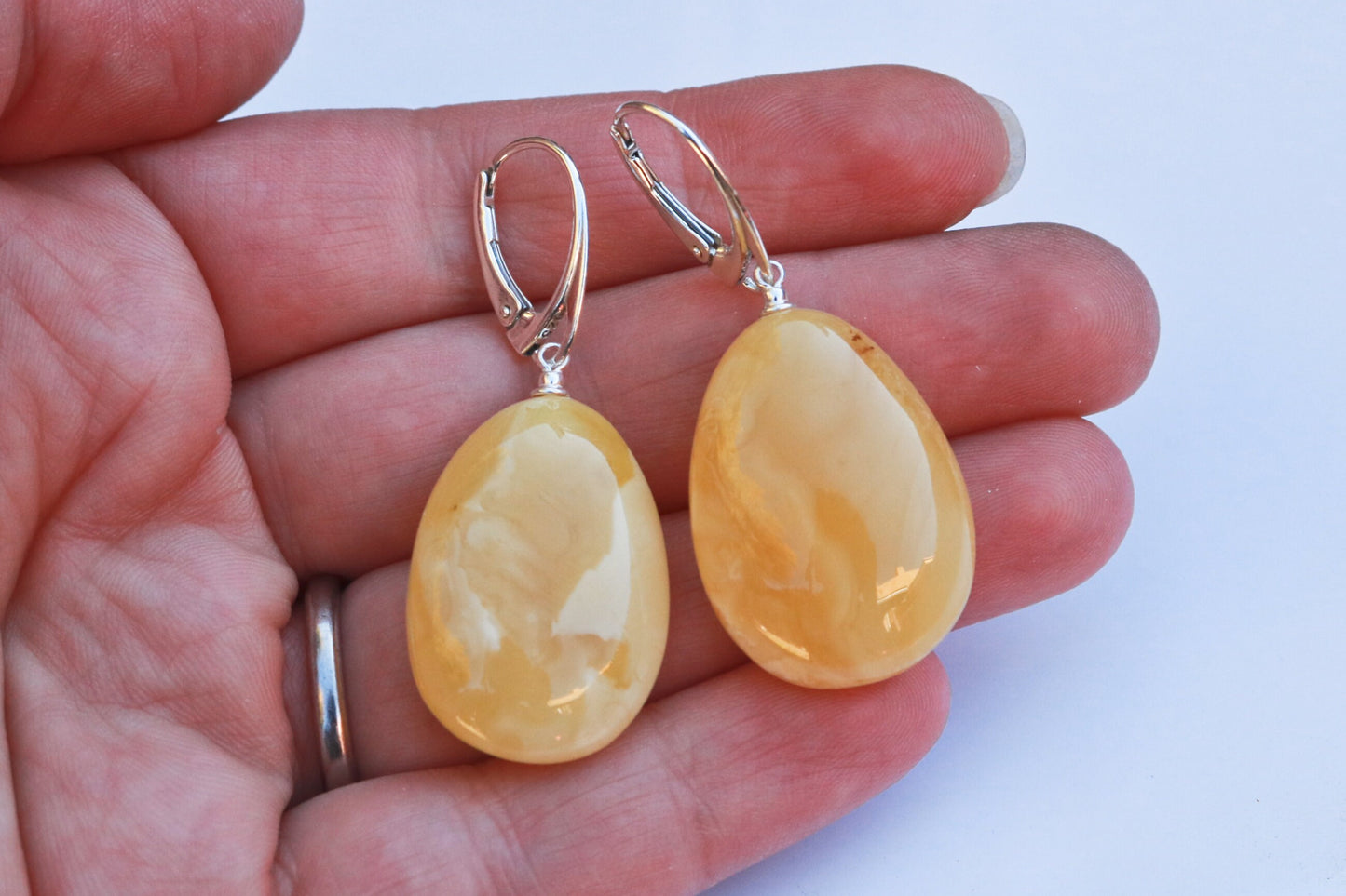 Baltic Amber Earrings Butterscotch Drop Natural Untreated Yellow 1.9" 7.2 gram 925 Silver