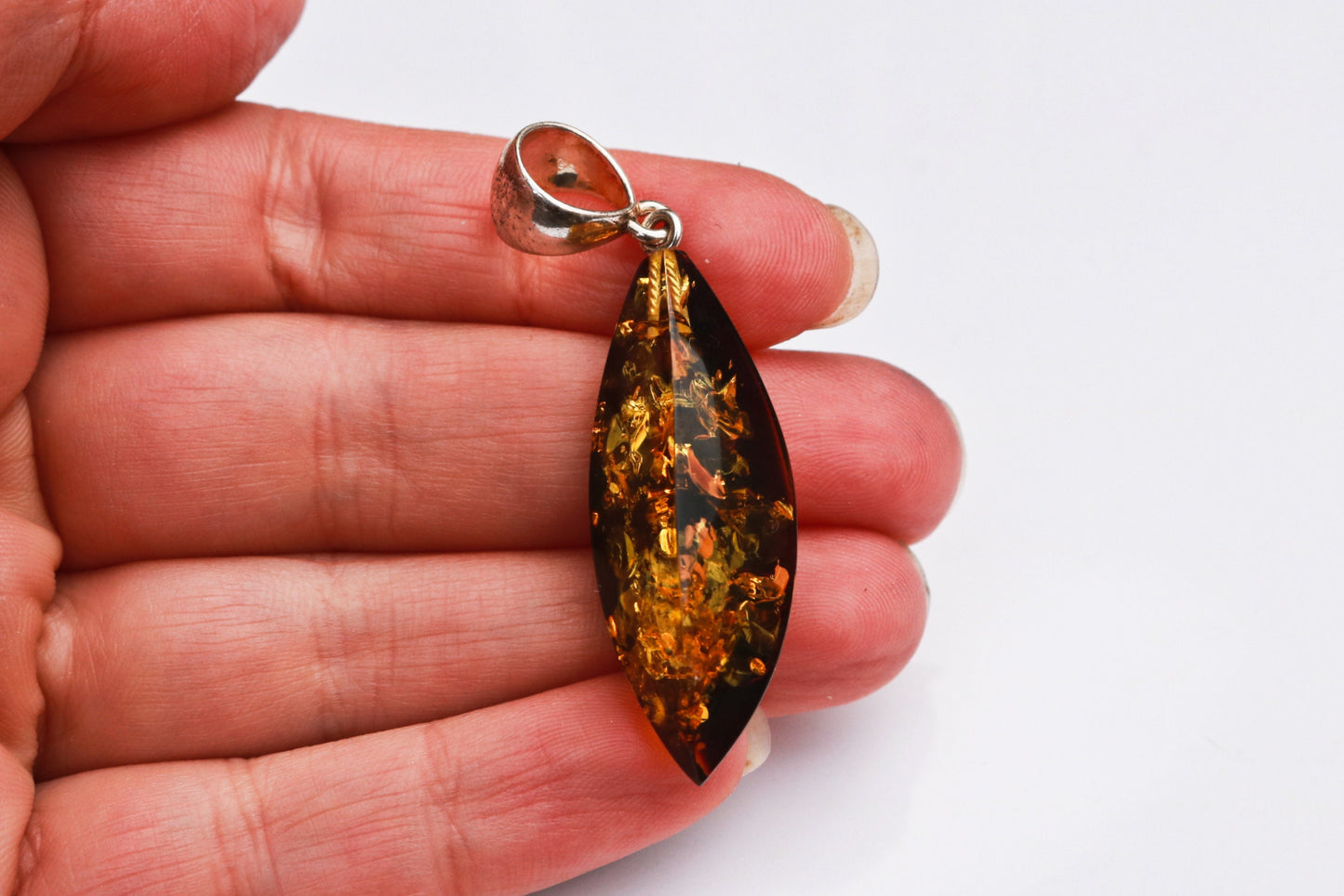 Baltic Amber Green Pendant Faceted Sparkling Unisex 2.1" 4.3 gram 925 Silver