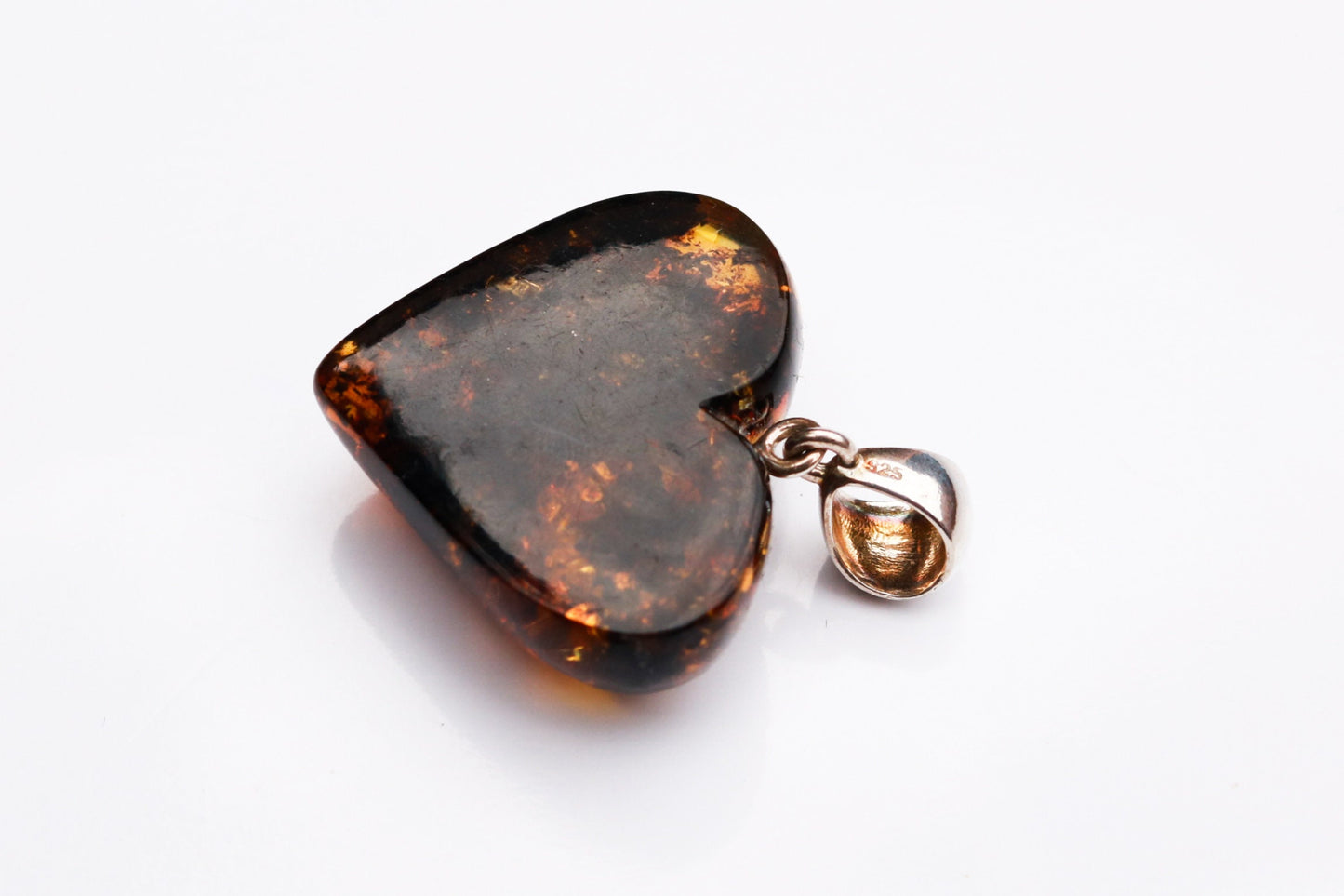 Baltic Amber Heart Pendant Green Sparkling Dark Carved 1.43" 5.1 gram 925 Silver