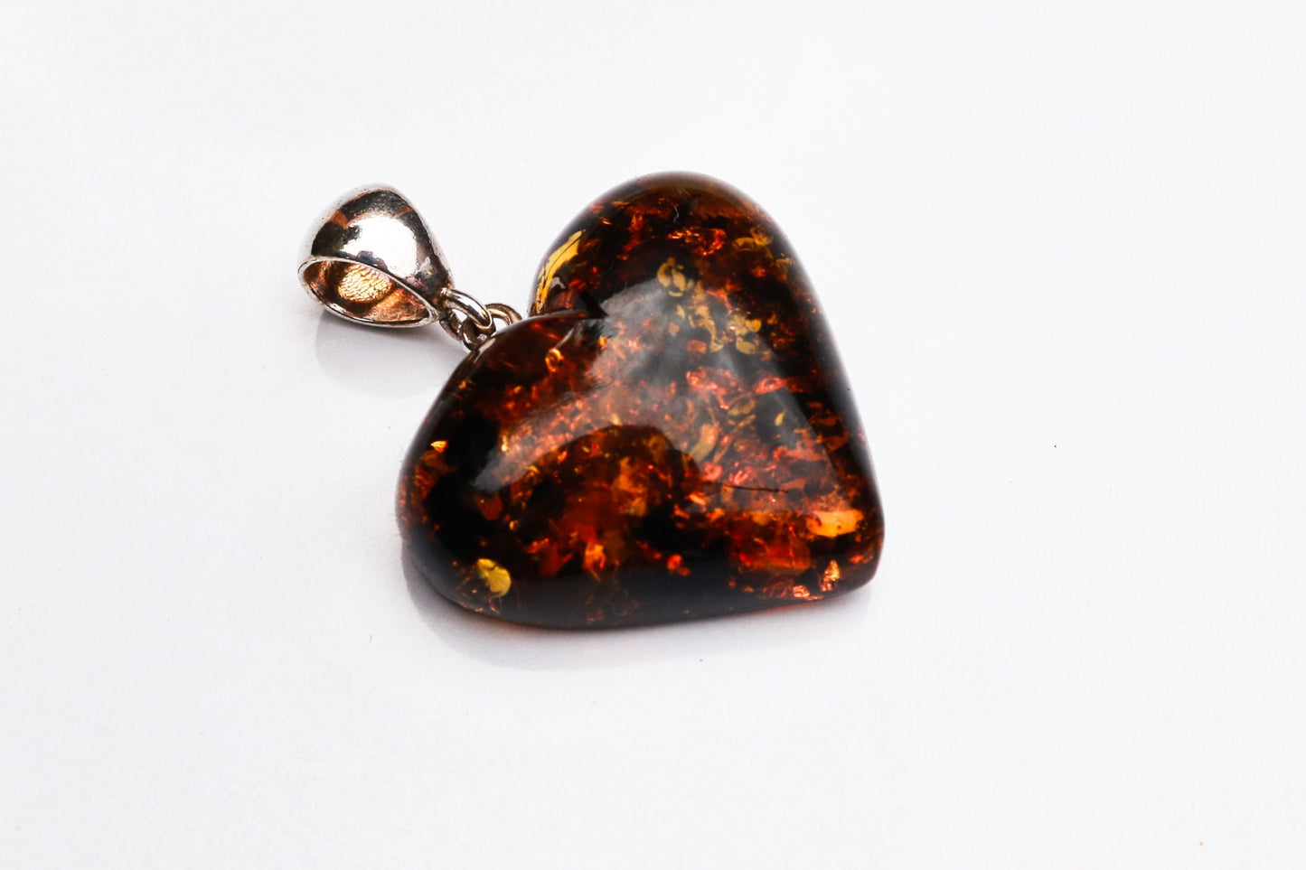 Baltic Amber Heart Pendant Green Sparkling Dark Carved 1.43" 5.1 gram 925 Silver