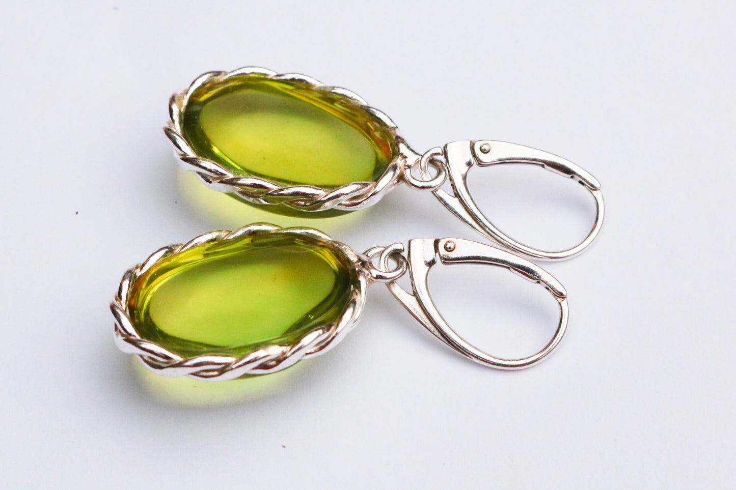 Baltic Amber Green Earrings Oval Jewelry Natural 1.69" 7.1 gram 925 Silver