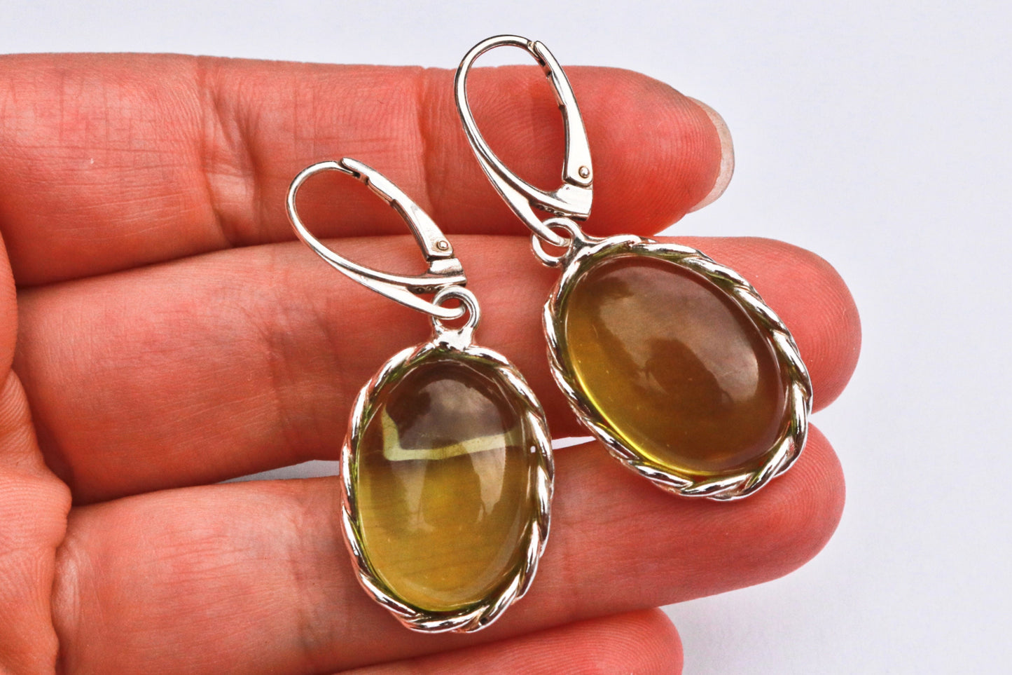 Baltic Amber Green Earrings Oval Jewelry Natural 1.69" 7.1 gram 925 Silver