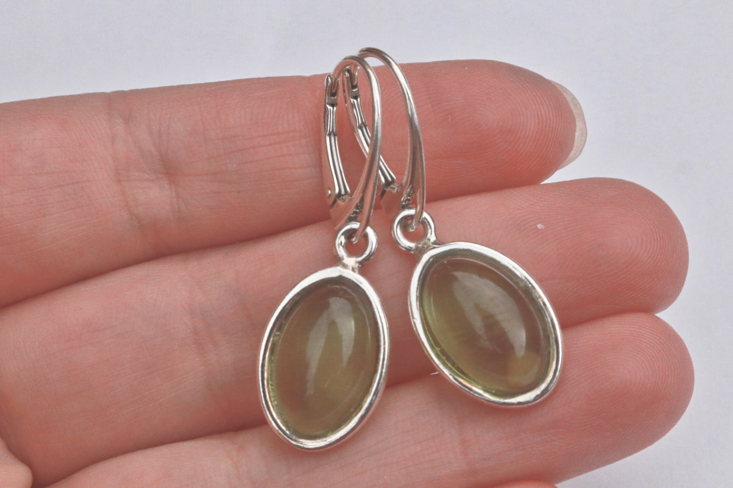 Baltic Amber Green Earrings Oval Jewelry Natural 1.46" 4.6 gram 925 Silver