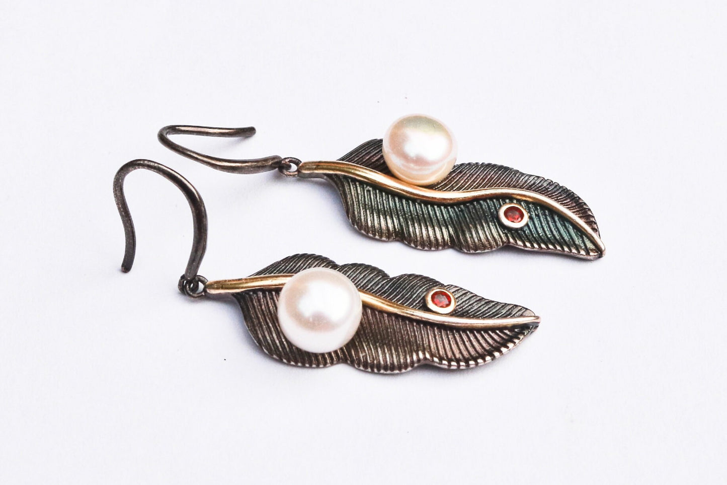 Fresh Water Pearl Earrings Leaf Dangling Oxidized Sterling Silver Garnet Jewelry 1.92" 8.7 gram