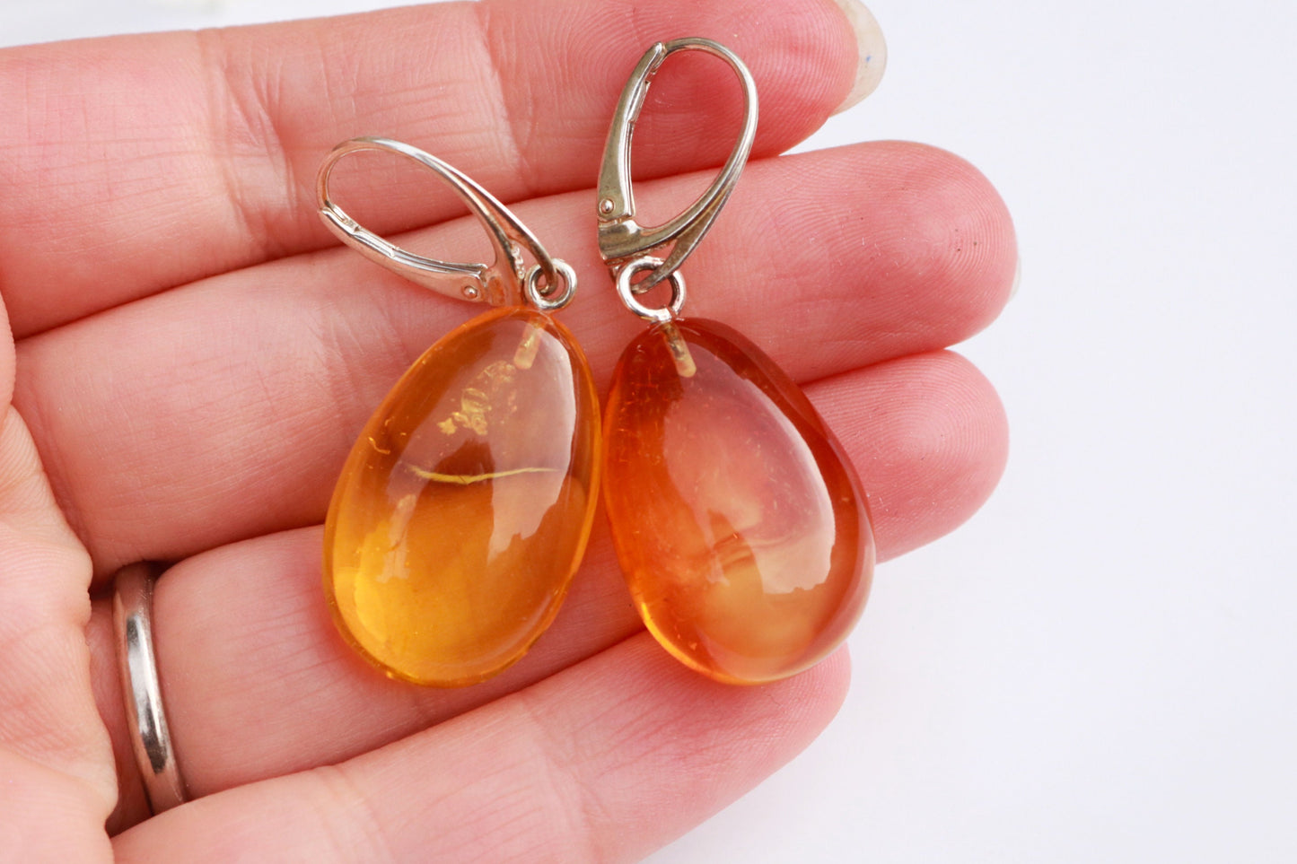 Baltic Amber Earrings Honey Drop Natural Sparkling Natural 1.78" 6 gram 925 Silver