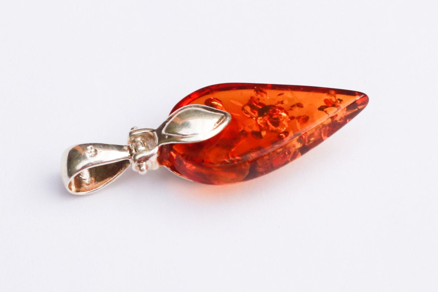 Baltic Amber Cognac Pendant Sparkling Leaf Unisex Jewelry 1.71" 4.2 gram 925 Silver