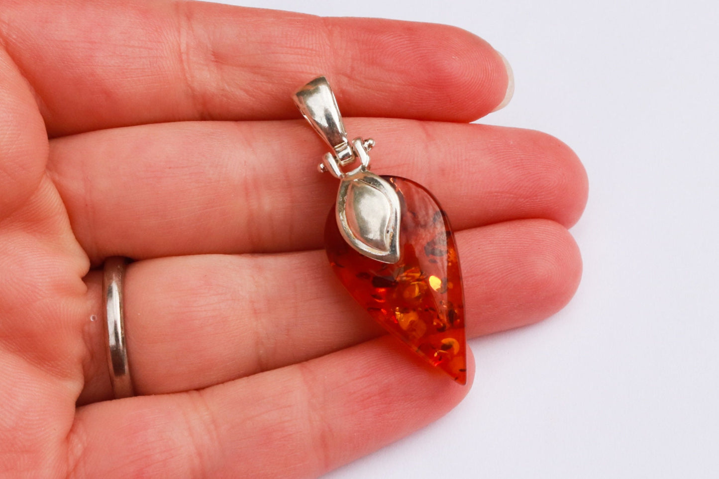 Baltic Amber Cognac Pendant Sparkling Leaf Unisex Jewelry 1.71" 4.2 gram 925 Silver