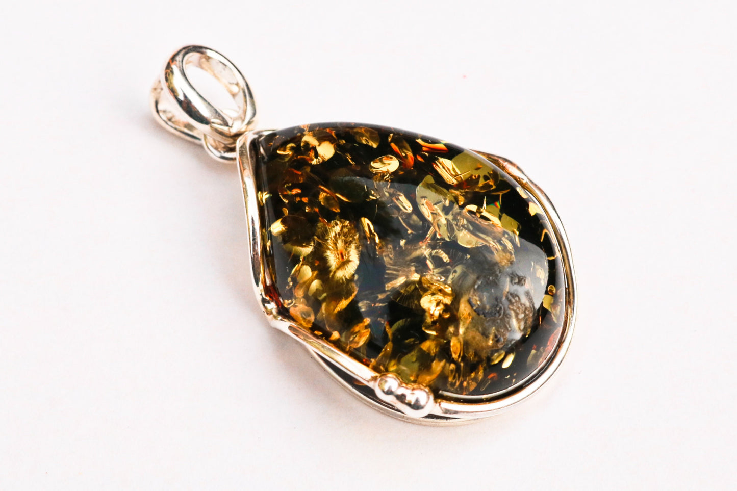 Baltic Amber Pendant Green Teardrop Sparkling Unisex Jewelry 1.83" 11.8 gram 925 Silver