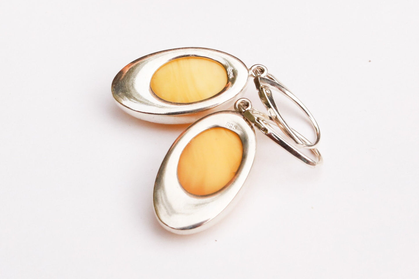 Baltic Amber Earrings Butterscotch Yolk Dangling Natural Oval 1.7" 8.7 gram 925 Silver