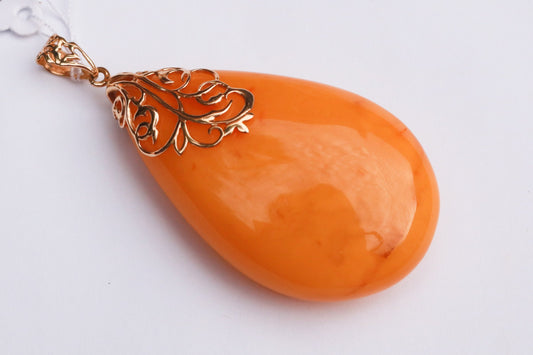 Baltic Amber Butterscotch Pendant Antique Egg Yolk Natural Jewelry Unisex 14K Gold 2.64″ 16.3 gram