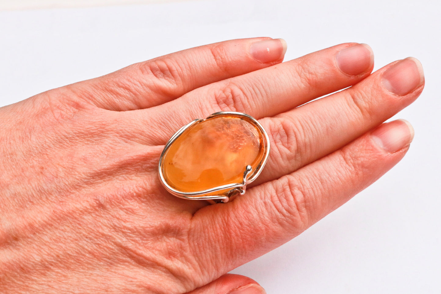 Baltic Amber Yellow Ring Cloudy Adjustable Untreated Natural Oval Jewelry 925 Silver 12.4 gram