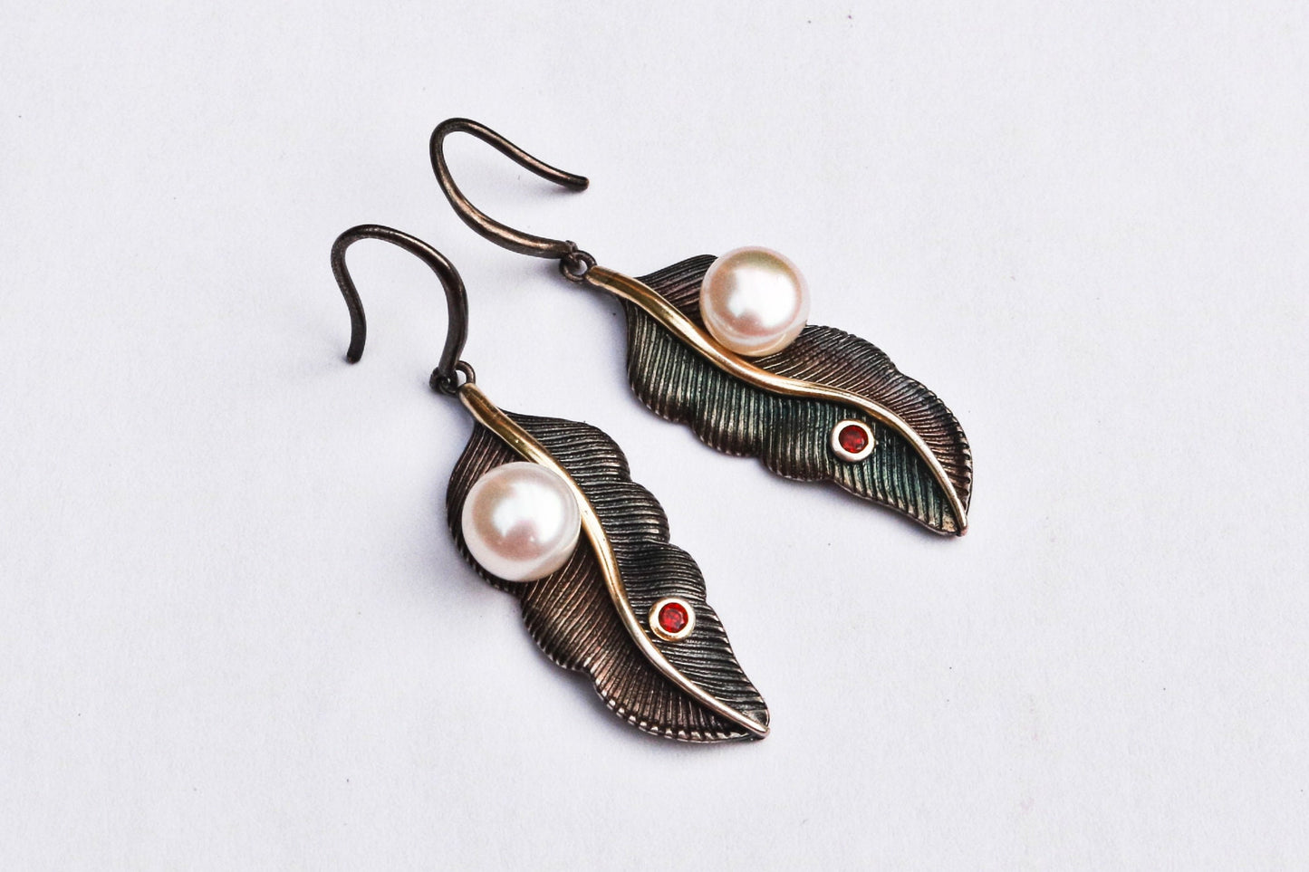 Fresh Water Pearl Earrings Leaf Dangling Oxidized Sterling Silver Garnet Jewelry 1.92" 8.7 gram