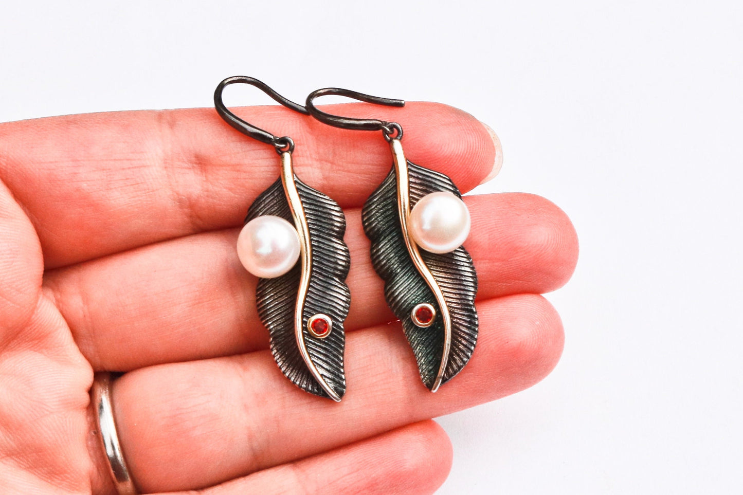 Fresh Water Pearl Earrings Leaf Dangling Oxidized Sterling Silver Garnet Jewelry 1.92" 8.7 gram