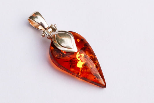 Baltic Amber Cognac Pendant Sparkling Leaf Unisex Jewelry 1.71" 4.2 gram 925 Silver