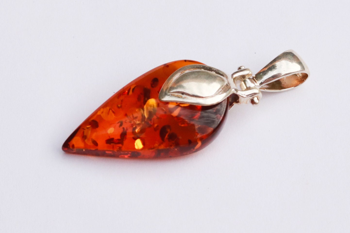 Baltic Amber Cognac Pendant Sparkling Leaf Unisex Jewelry 1.71" 4.2 gram 925 Silver