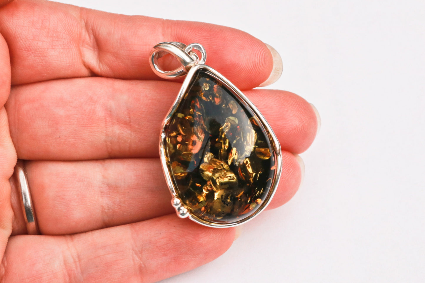 Baltic Amber Pendant Green Teardrop Sparkling Unisex Jewelry 1.83" 11.8 gram 925 Silver