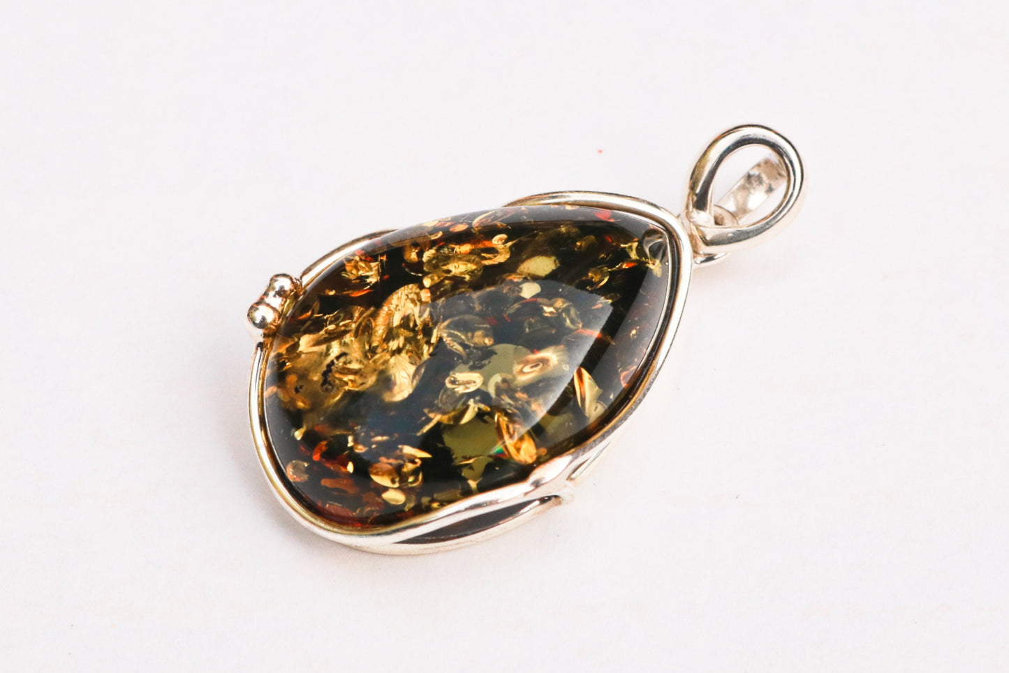 Baltic Amber Pendant Green Teardrop Sparkling Unisex Jewelry 1.83" 11.8 gram 925 Silver