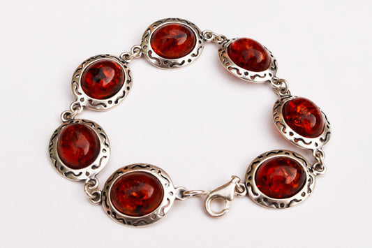 Baltic Amber Chain Bracelet Cherry Natural Jewelry Silver 7″ 925 Silver