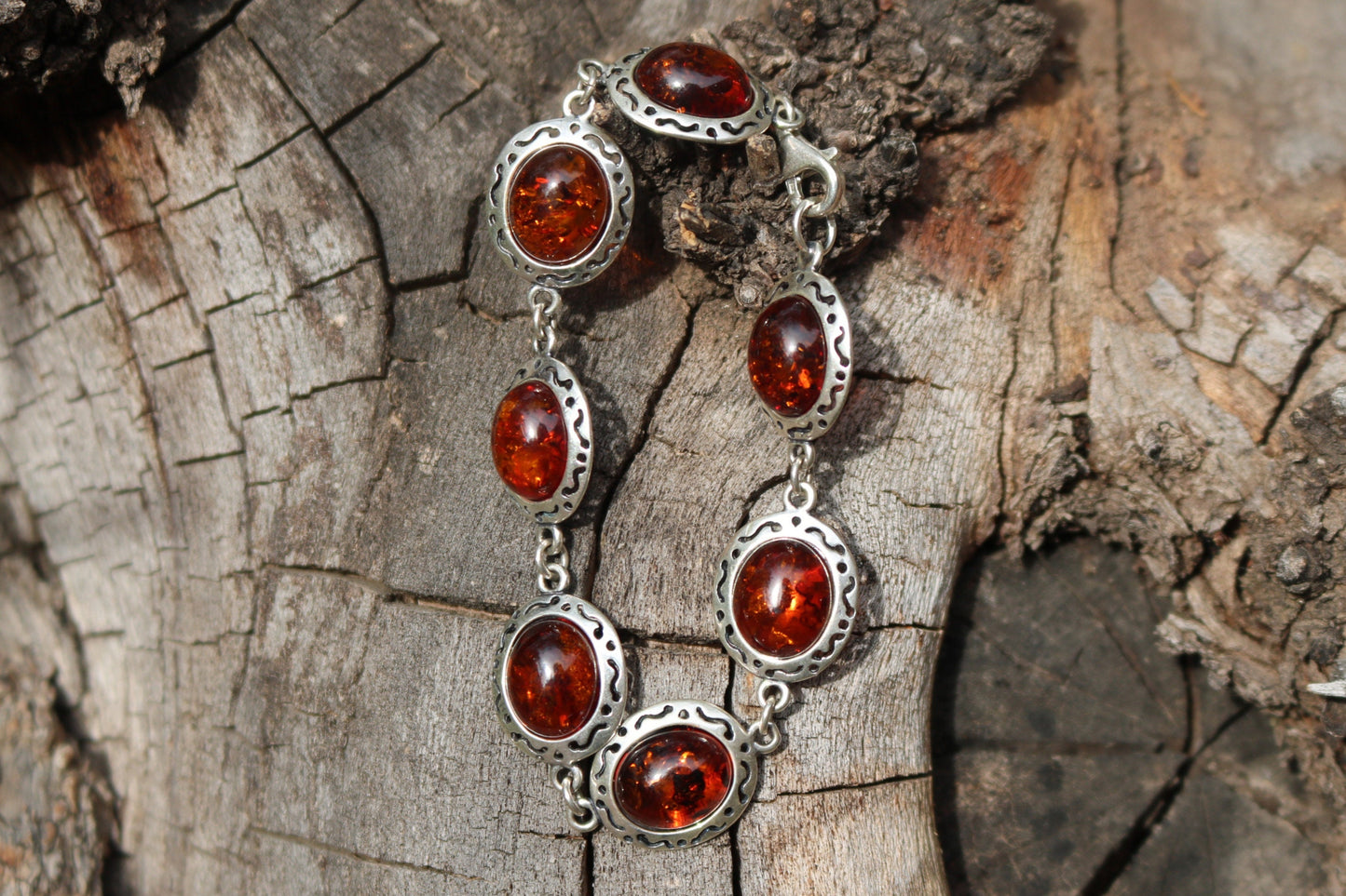 Baltic Amber Chain Bracelet Cherry Jewelry Silver 7″ 925 Silver