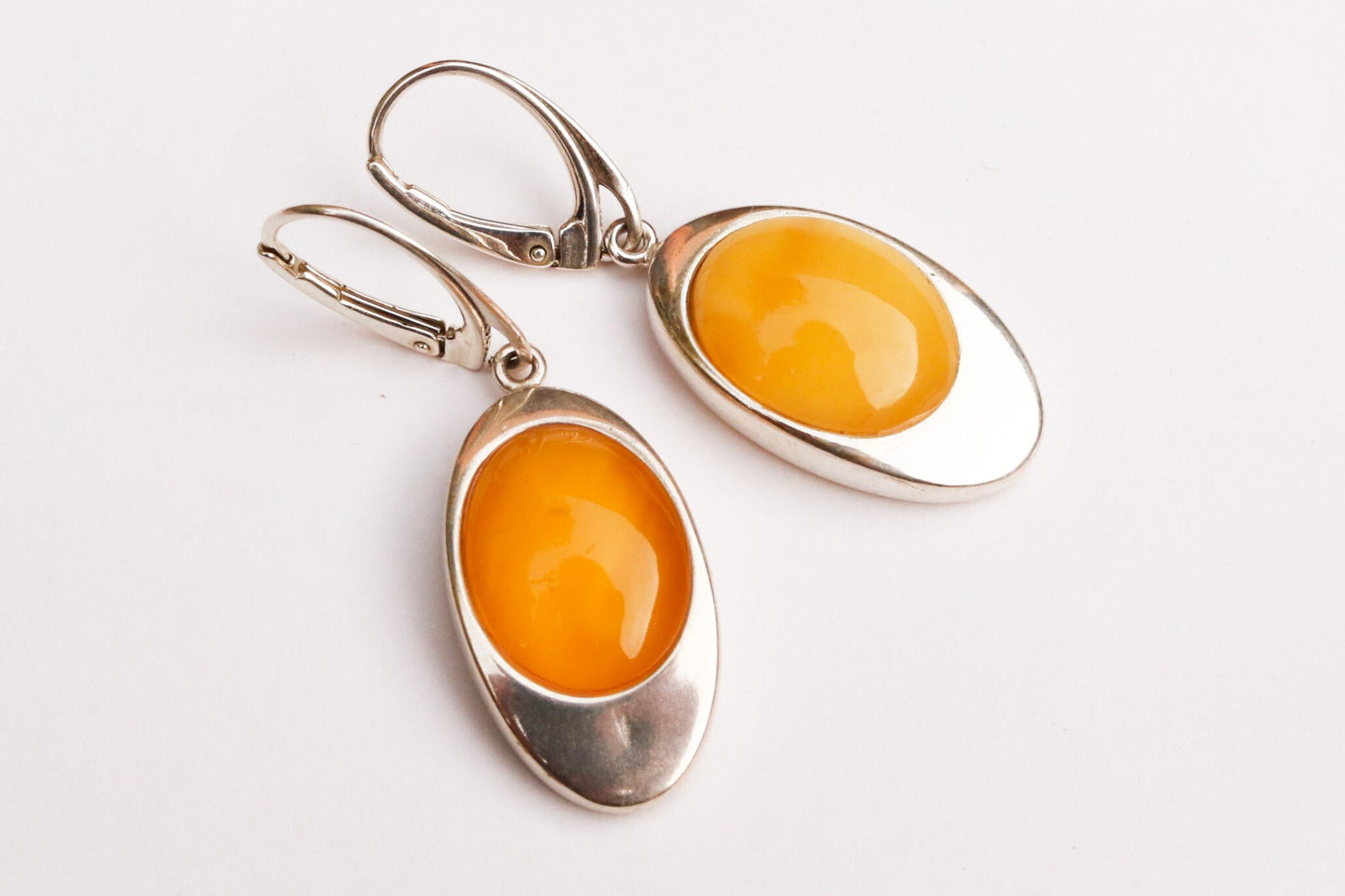 Baltic Amber Earrings Butterscotch Yolk Dangling Natural Oval 1.7" 8.7 gram 925 Silver