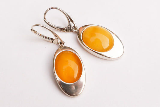 Baltic Amber Earrings Butterscotch Yolk Dangling Natural Oval 1.7" 8.7 gram 925 Silver