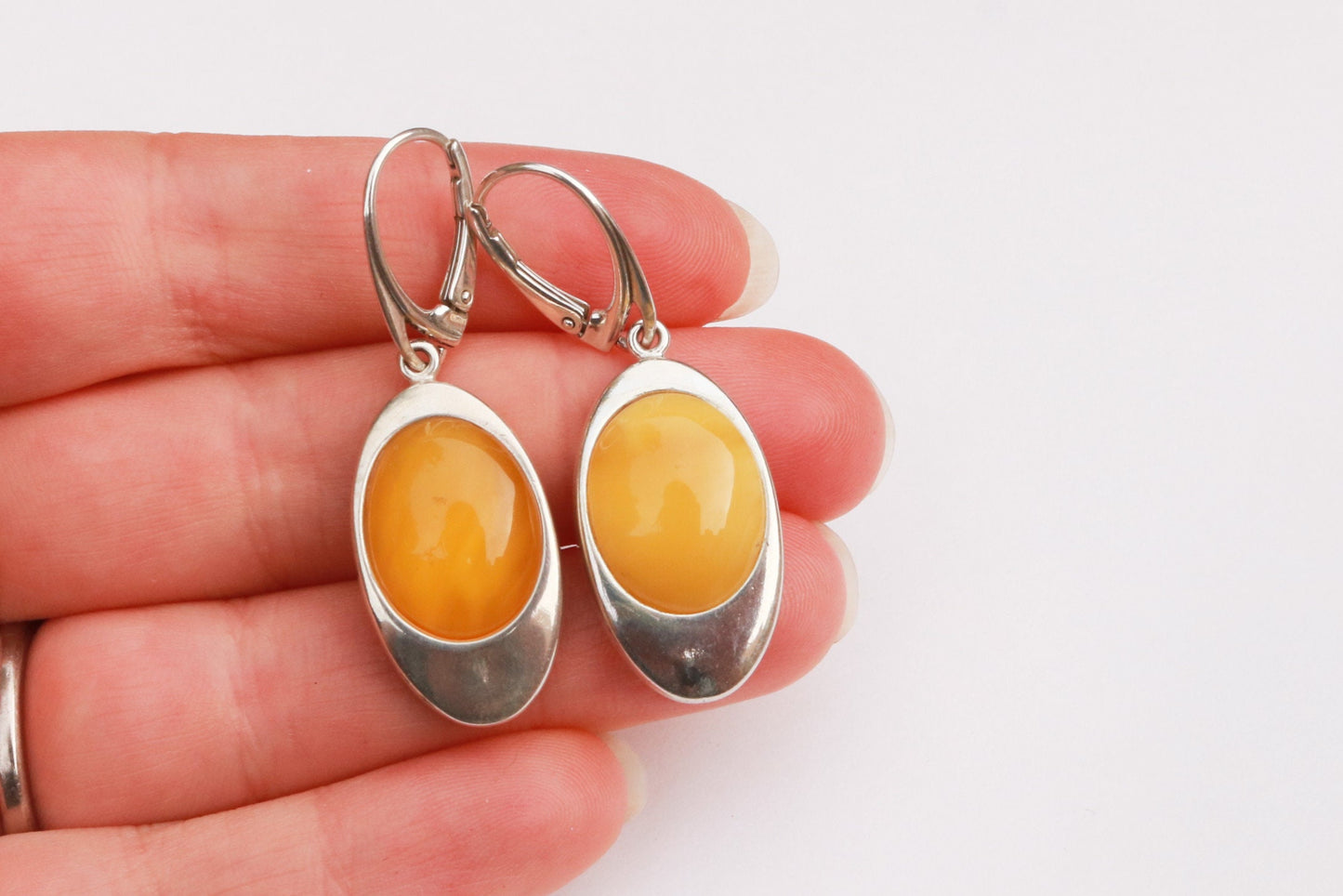 Baltic Amber Earrings Butterscotch Yolk Dangling Natural Oval 1.7" 8.7 gram 925 Silver