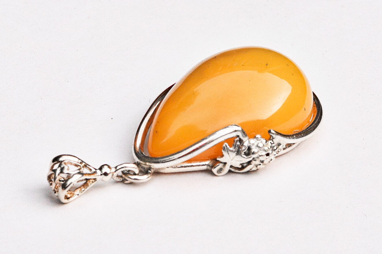 Baltic Amber Pendant Yolk Antique Butterscotch Drop Jewelry Unisex Natural 1.96" 8.6 gram 925 Silver