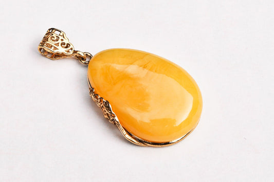 Baltic Amber Pendant Butterscotch Drop Gold Plated Jewelry 2.24" 10.4 gram