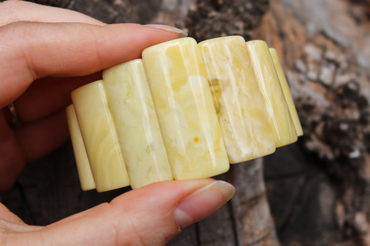 Baltic Amber Bracelet Milky Butterscotch Rectangle Beads Natural Milky Untreated Unisex 7.7" 29.6 gram