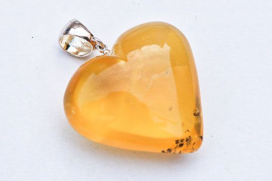 Baltic Amber Heart Pendant Yellow Cloudy Natural Untreated 925 Silver 1.83" 10.7 gram