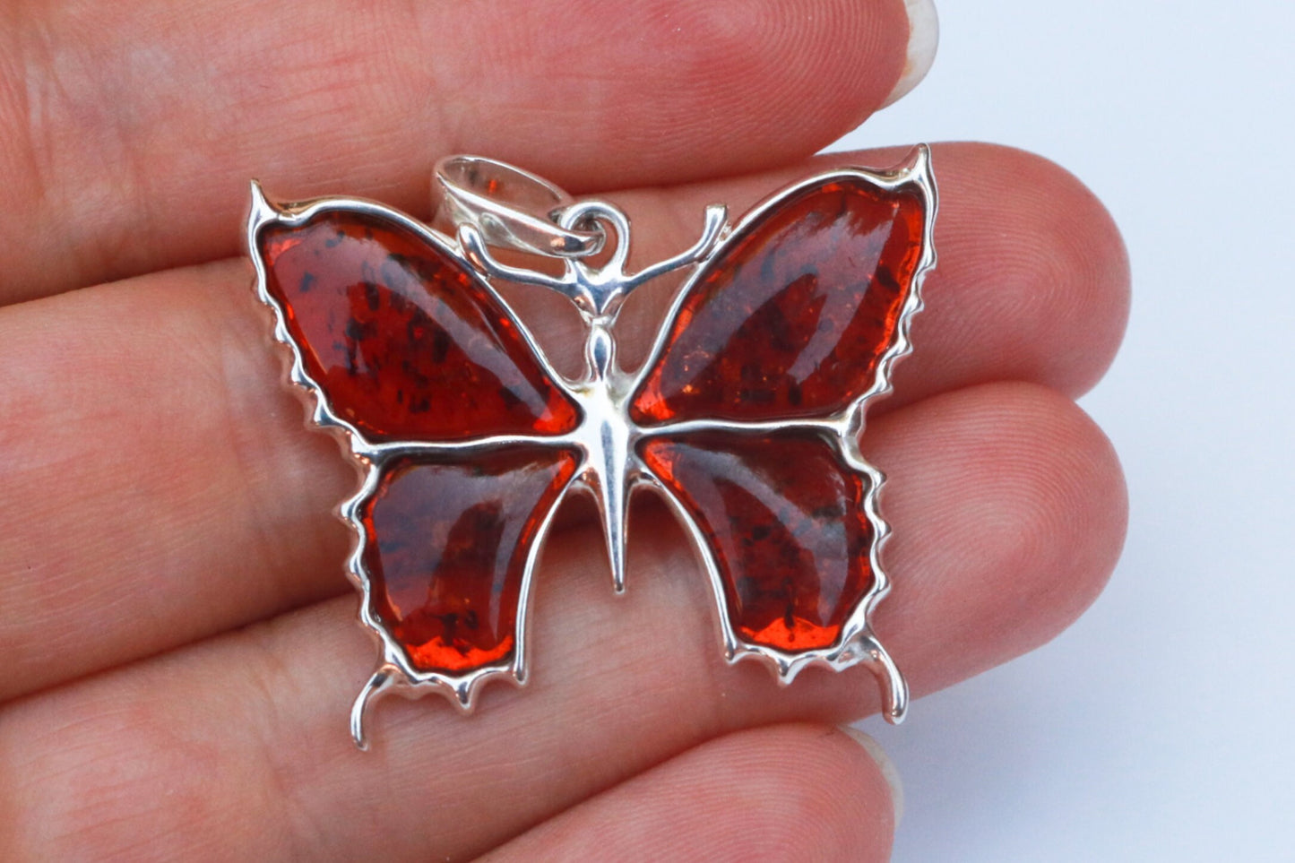 Baltic Amber Butterfly Pendant Cognac Natural 925 Silver