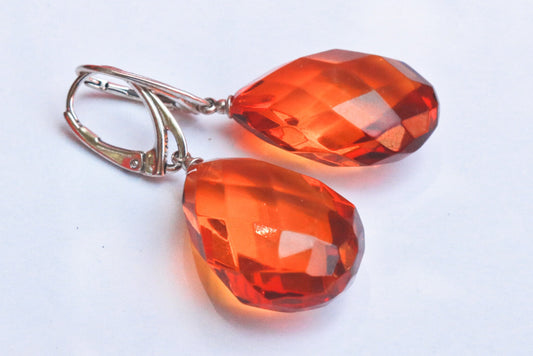 Baltic Amber Earrings Faceted Drop Pear Honey Natural Jewelry 1.77" 7.1 gram 925 silver