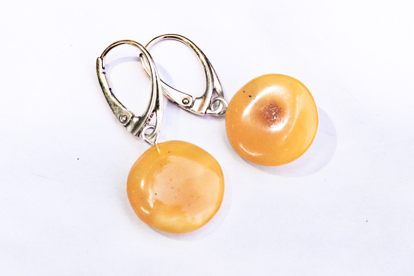 Baltic Amber Earrings Disc Butterscotch Yolk Natural Jewelry 1.35" 2.6 gram 925 Silver