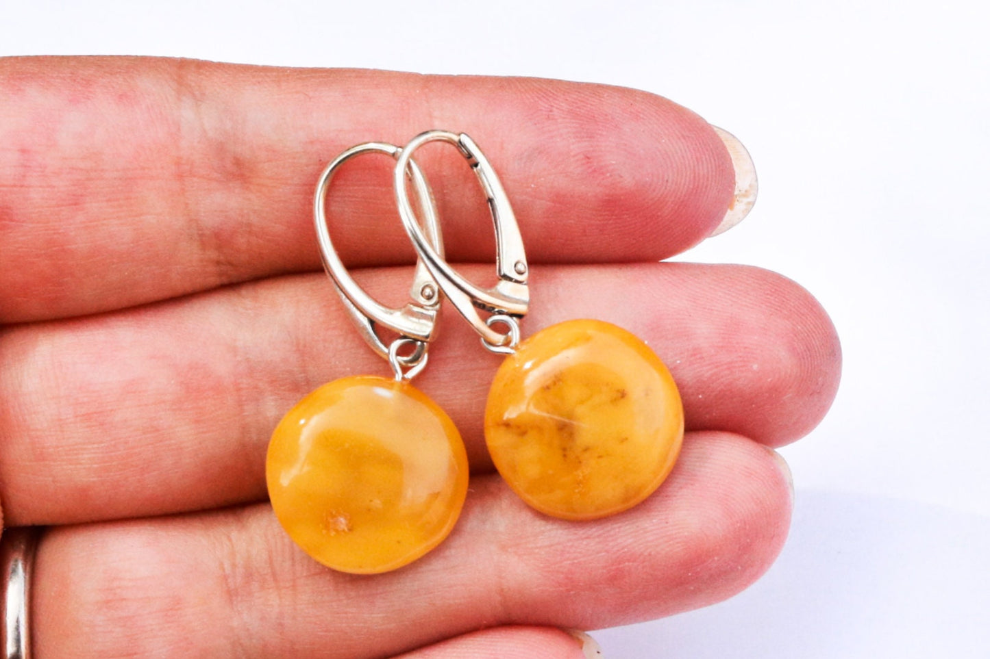 Baltic Amber Earrings Disc Butterscotch Yolk Natural Jewelry 1.35" 2.6 gram 925 Silver