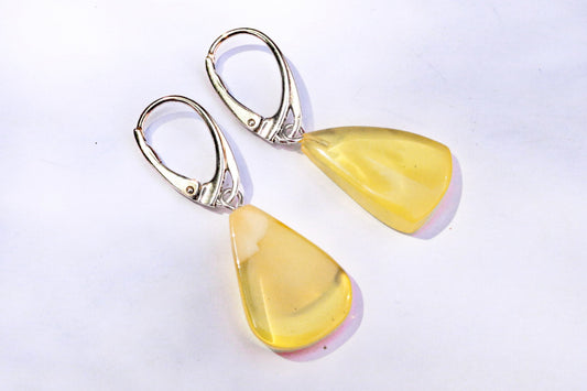 Baltic Amber Earrings Yellow Cloudy Slabs Natural Dangling Jewelry 1.52" 2.6 gram 925 Silver