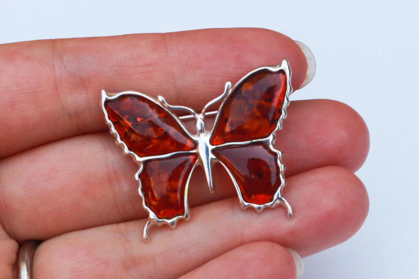 Baltic Amber Pin Brooch Butterfly Cognac Jewelry 925 Silver