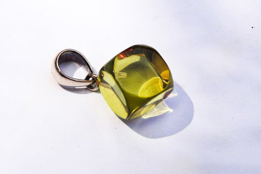 Baltic Amber Pendant Green Faceted Cube Natural Unisex 1.14" 2.7 gram 925 Silver