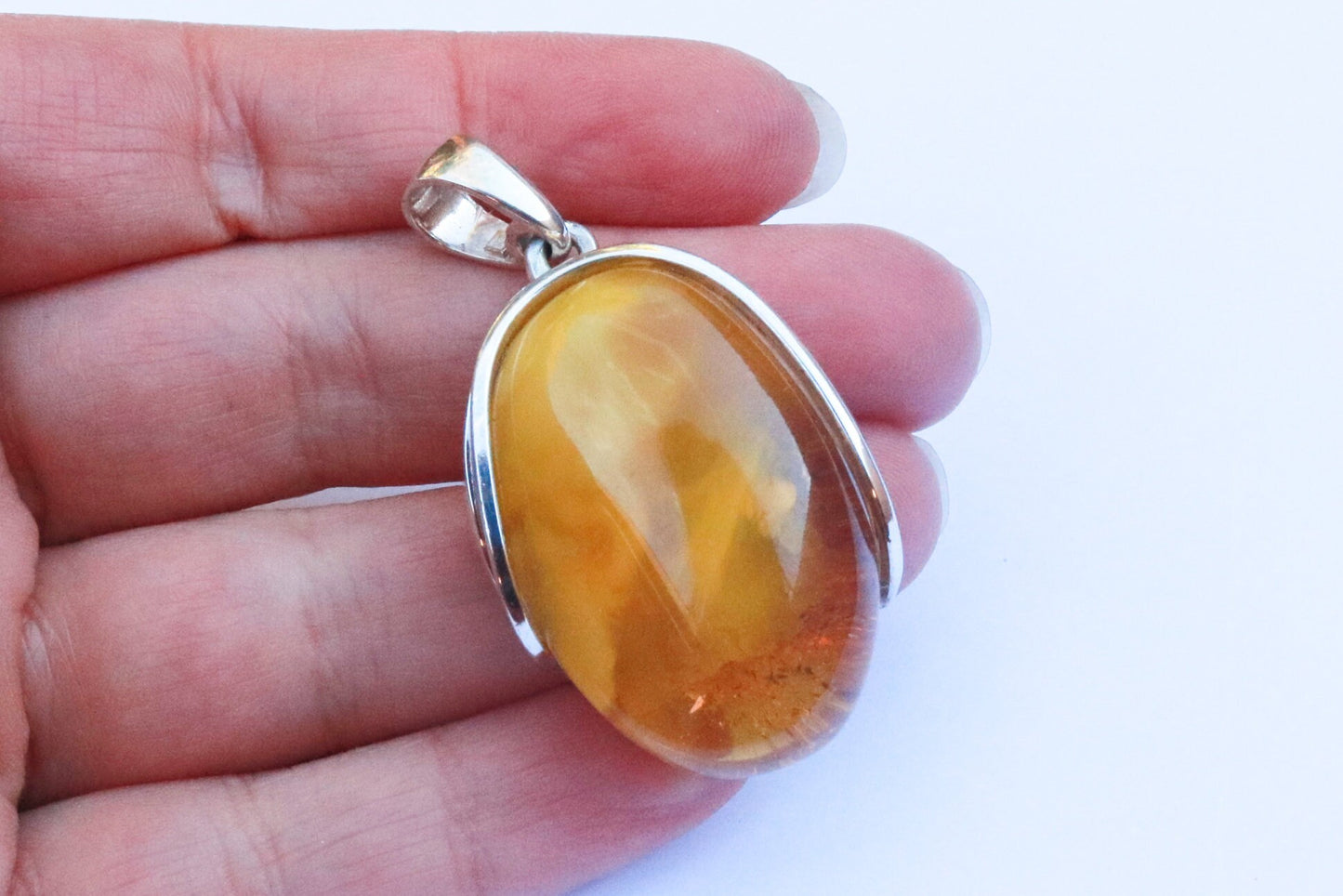 Baltic Amber Pendant Yellow Oval Jewelry Natural Untreated Cloudy Unisex 1.93" 14.4 gram 925 Silver