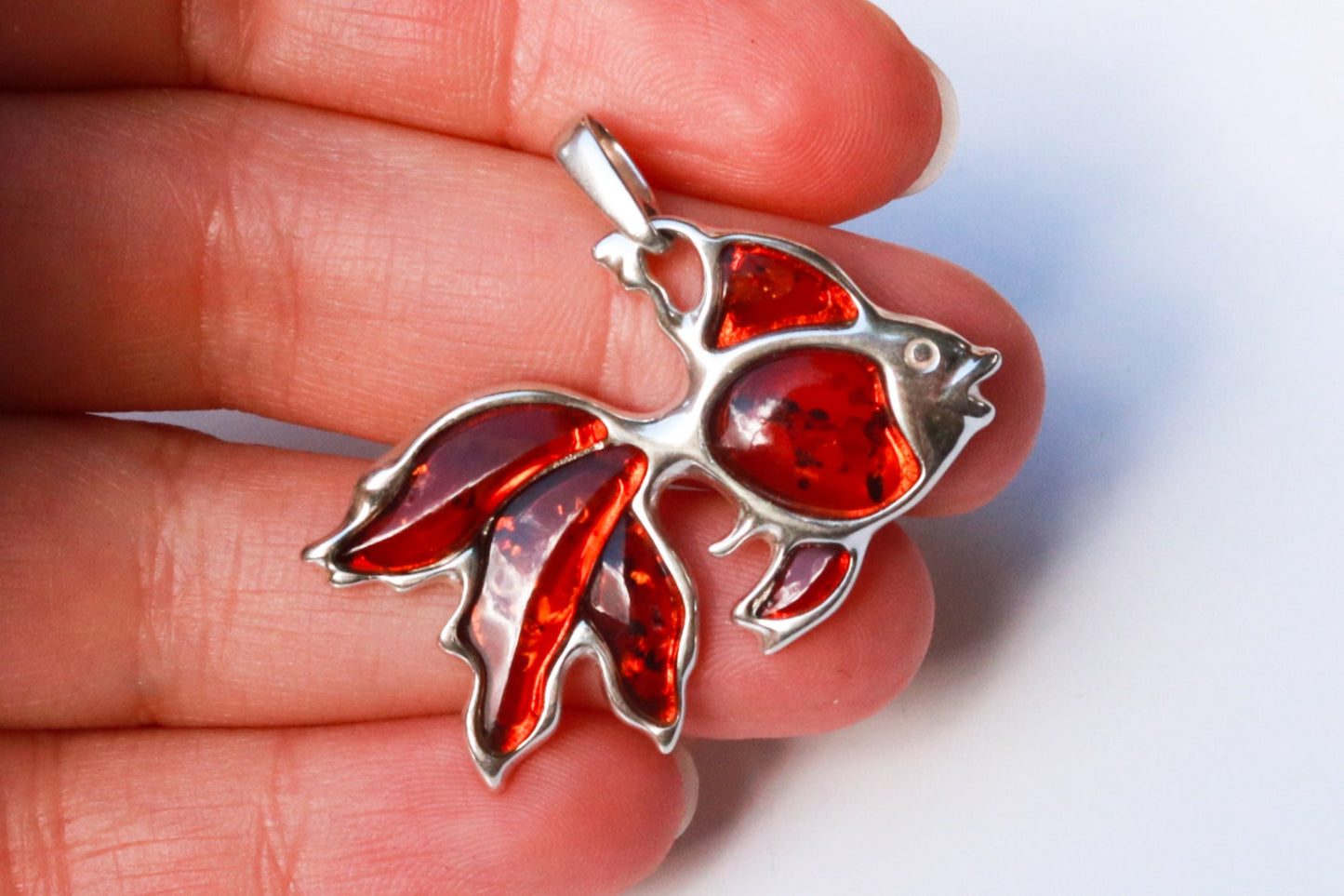 Baltic Amber Fish Pendant Cognac Natural Charm 925 Silver