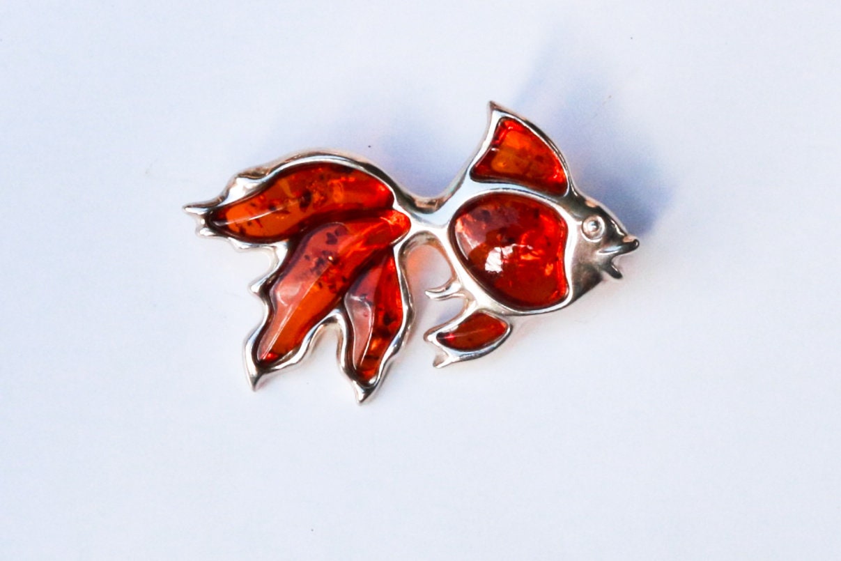 Baltic Amber Fish Pin Cognac Natural Brooch Jewelry 925 silver