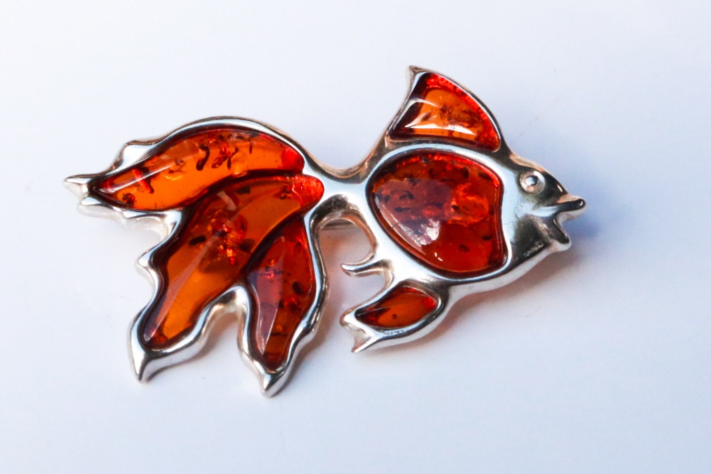 Baltic Amber Fish Pin Cognac Natural Brooch Jewelry 925 silver