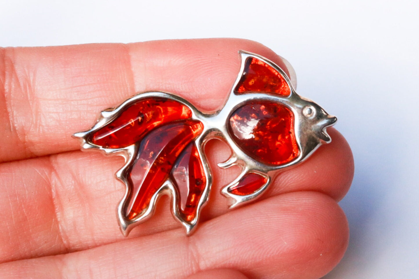 Baltic Amber Fish Pin Cognac Natural Brooch Jewelry 925 silver