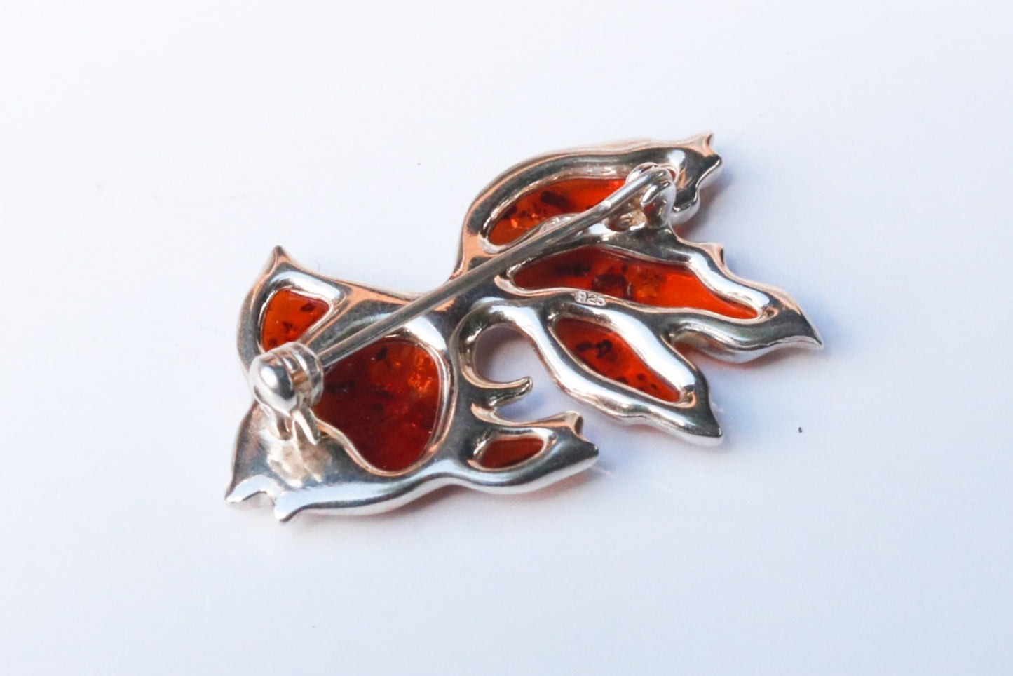 Baltic Amber Fish Pin Cognac Natural Brooch Jewelry 925 silver