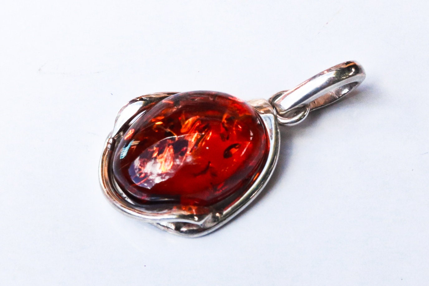 Baltic Amber Jewelry Cognac Pendant Oval Natural Sparkling 1.57" 8.1 gram 925 Silver