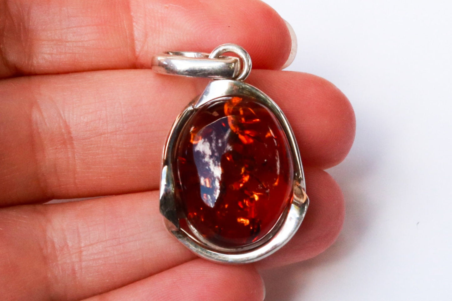 Baltic Amber Jewelry Cognac Pendant Oval Natural Sparkling 1.57" 8.1 gram 925 Silver