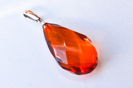 Baltic Amber Pendant Cognac Faceted Drop Jewelry Unisex 1.59" 3 gram 925 Silver