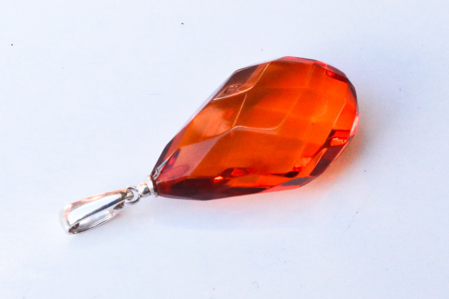 Baltic Amber Pendant Cognac Faceted Drop Jewelry Unisex 1.59" 3 gram 925 Silver