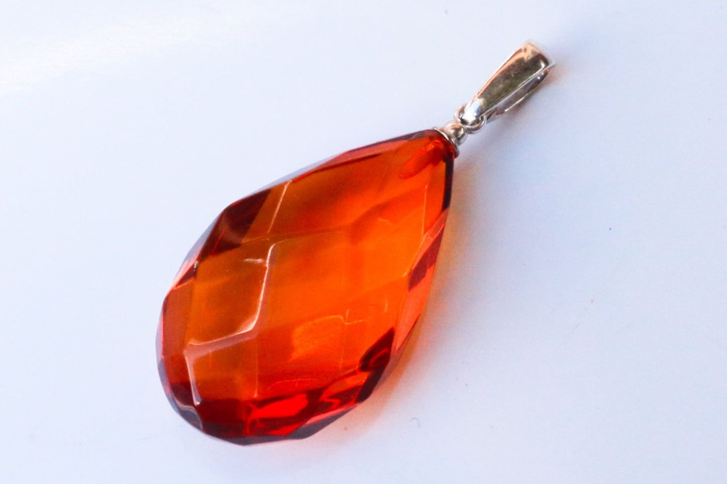 Baltic Amber Pendant Cognac Faceted Drop Jewelry Unisex 1.59" 3 gram 925 Silver